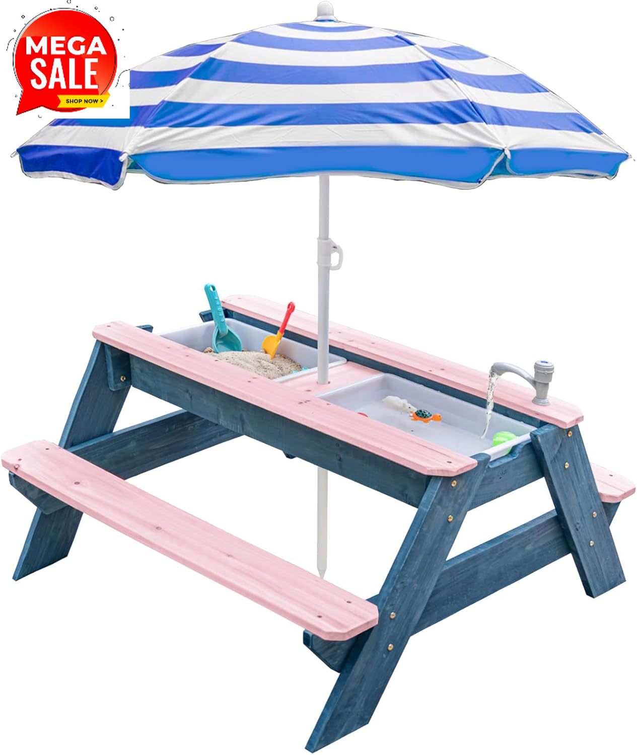 Kids Outdoor Bench With Umbrella - 3-in-1 Sand- und Wassertisch für Kinder,