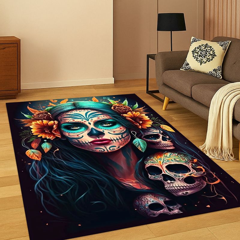 Kids Outdoor Flooring - Gotischer Totenkopf-Teppich mit Totem-Mädchen-Motiv für Schlafzimmer,