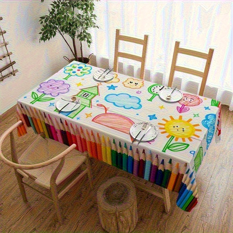 Kids Outdoor Dining Table - 1 Stück Cartoon-Bleistiftmuster-Tischdecke, mehrfarbig, für Kinder,