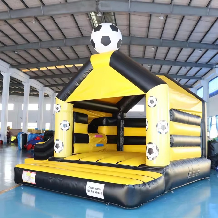 Kids Outdoor Jump House - Schwarz-Gelbes Fußball-Themen-Hüpfburg-Set mit Rutsche, Kommerzielles Kinder-Fußball-Sprungschloss,