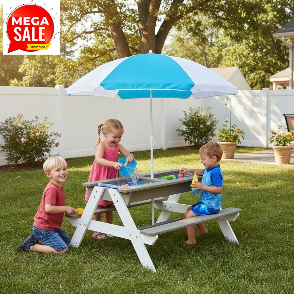 Kids Outdoor Bench With Umbrella - Kinder-Picknicktisch, 3-in-1 Holz-Sand- und Wassertisch mit