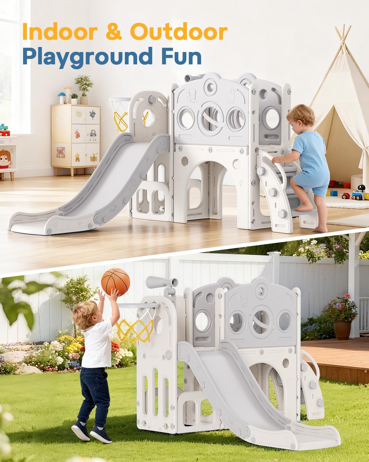 Kids Outdoor Climber - Kleinkinderrutsche, 8-in-1 Kinderrutsche mit Basketballkorb, Teleskop