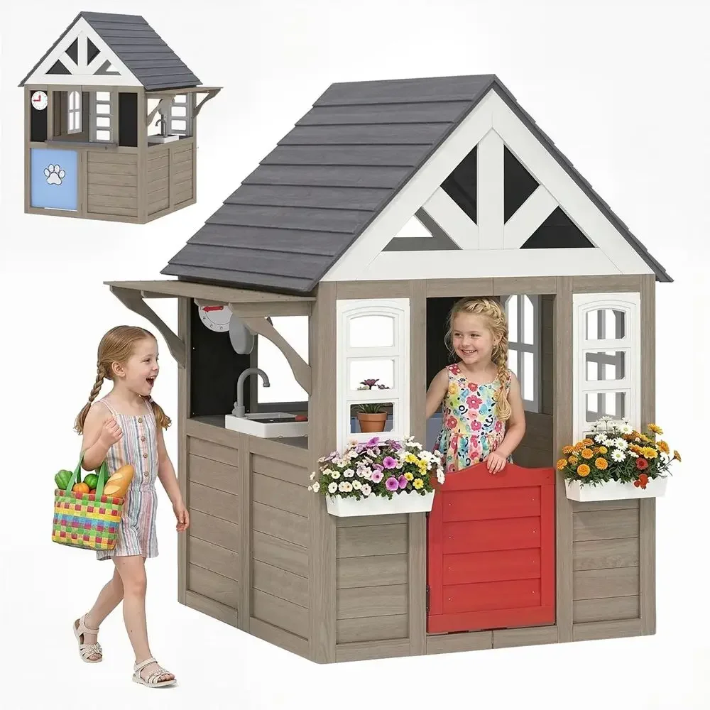Qaba Kids Outdoor Playhouse - Qaba Outdoor-Spielhaus, Holz-Kinderspielhaus mit Hundetür, Kinderhütte