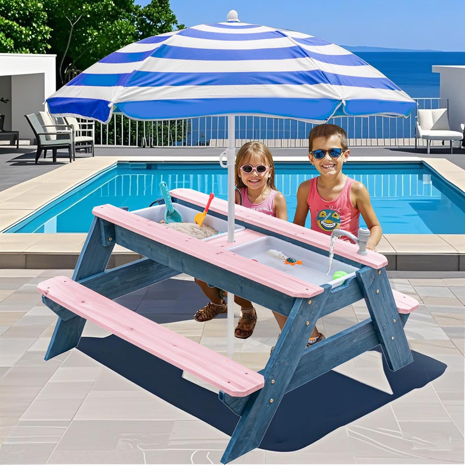 3-in-1 Sand- und Wassertisch f – Kids Outdoor Bench With Umbrella Bewertung und Preis