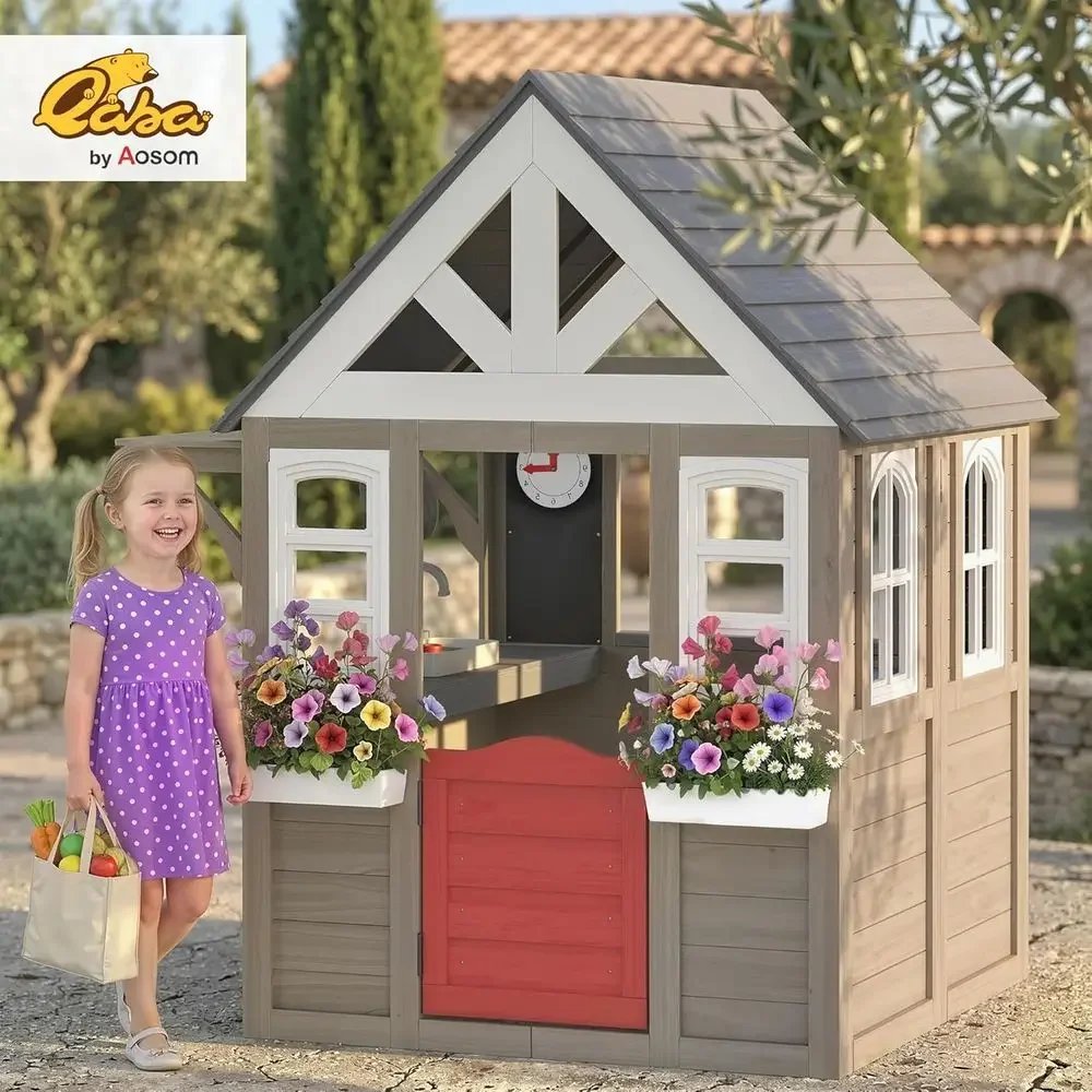 Qaba Outdoor-Spielhaus, Holz-K – Qaba Kids Outdoor Playhouse Bewertung und Preis